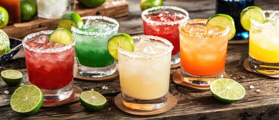 Spicy saffron margaritas with lime and salt showcase a festive Mexican cocktail party on a rustic wooden table with colorful drinks © pvl0707