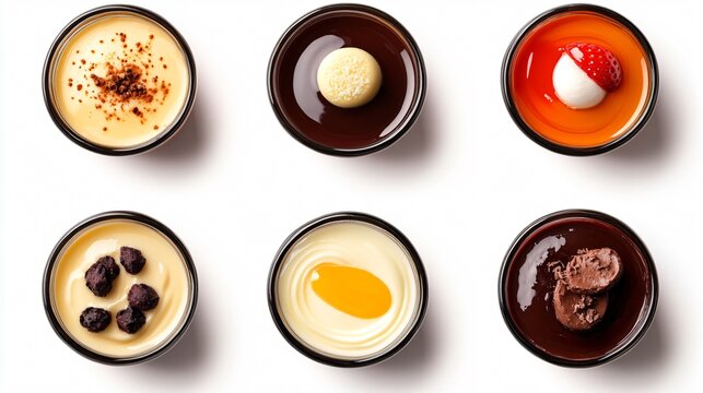 Assorted pudding selection on white background