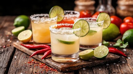 Fototapeta premium Colorful margaritas with fresh ingredients on a rustic wooden table set for a lively celebration