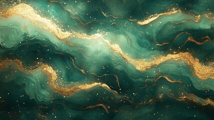 Obraz premium Abstract emerald painting showcases gold dust and wavy patterns creating a luxurious look.