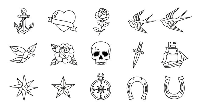 Collection of traditional tattoo flash art featuring nautical and classic symbols, ideal for