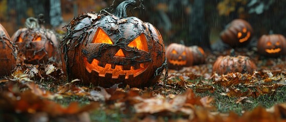 Arrangement of eerie pumpkins on grassy ground