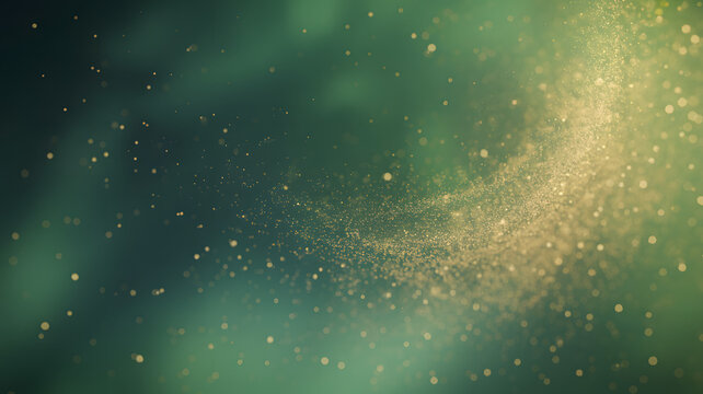 Abstract swirling green nebula with golden dust particles and bokeh effect, cosmic background