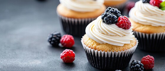 Delicious cupcakes topped with cream and fresh berries create a tempting treat against a dark backdrop