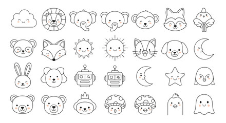 Collection of adorable animal, celestial and fantasy doodle icons for children design projects
