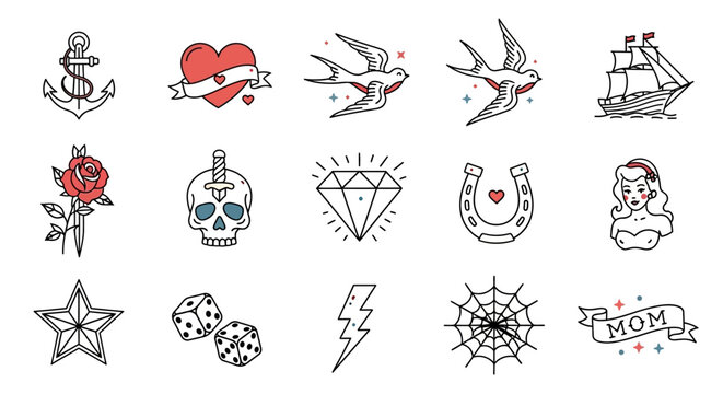 Set of traditional tattoo flash design elements with anchor, heart, bird, rose and more in an