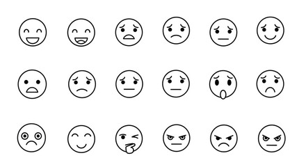 Diverse moods conveyed through a set of minimalist circular emoticon designs outlined against a