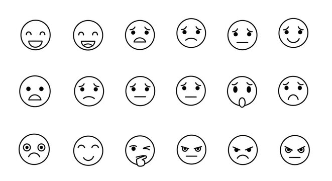 Diverse moods conveyed through a set of minimalist circular emoticon designs outlined against a