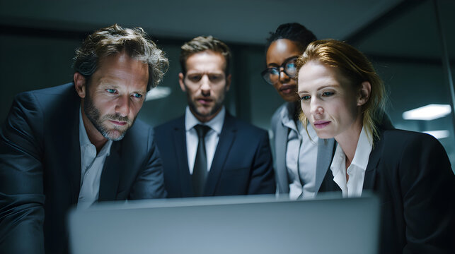 Group of professionals collaborating on a project while analyzing data on a laptop screen