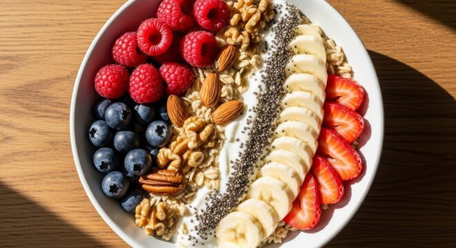 Start your day with this vibrant breakfast bowl full of raspberries, blueberries, nuts, bananas, strawberries, and chia seeds for a healthy lifestyle