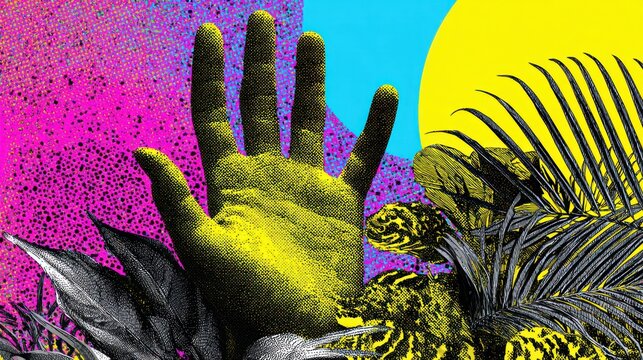 A vibrant digital collage features a large, yellow-green hand against a backdrop of bold, contrasting colors and tropical foliage.  The hand appears to emerge = 