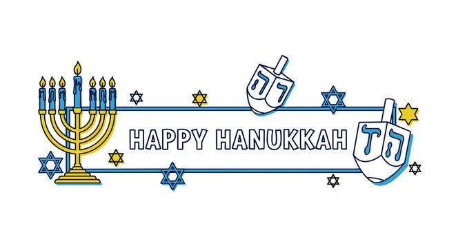 Hanukkah greeting card with menorah and dreidels in blue and yellow  