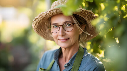 Mature woman with glasses wearing straw hat in a lush garden surrounded by green foliage