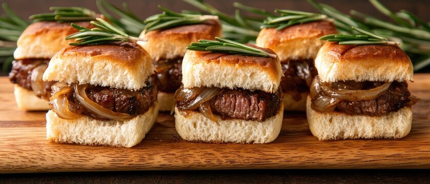 Miniature sliders with smoky beef and caramelized onions create an elegant display on a wooden board, perfect for any gathering or event