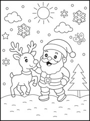 Cute cartoon Santa Claus coloring page for kids. Happy Santa Claus standing with a small reindeer. Fun holiday coloring sheet for children.