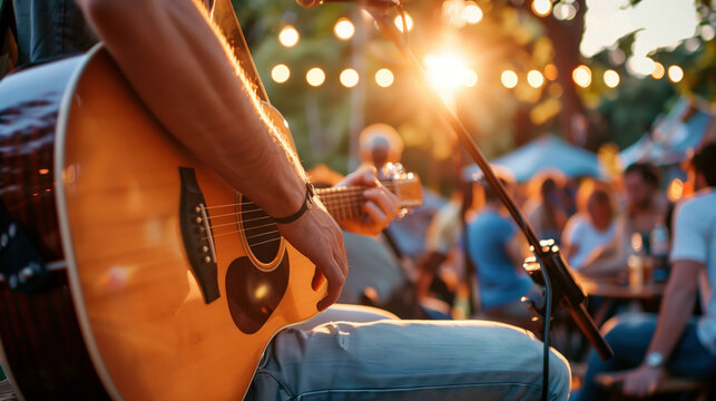 A solo musician playing an acoustic guitar on an outdoor festival stage with a relaxed, intimate crowd drinking beer.