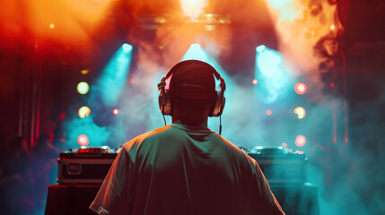 Backside of a DJ wearing headphones, performing on a stage with bright LED lights, and smoke effects.