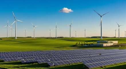 Embrace sustainable energy solutions with this vibrant landscape of solar panels and wind turbines under a bright blue sky, showcasing renewable power