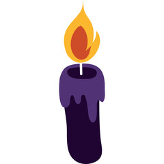 Purple Candle With Dripping Wax and Orange Flame Isolated On White Background