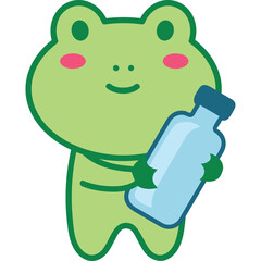 Cute green frog holding a light blue water bottle with a dark blue cap smiling with pink cheeks on a transparent background
