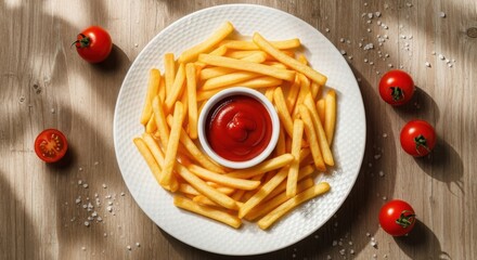 Illustration of overhead view of french fries with ketchup and cherry tomatoes on plate