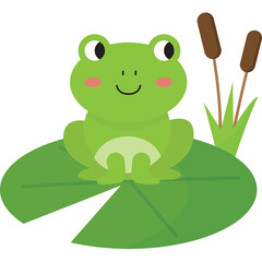 Cute Green Frog Sitting on a Lily Pad with Cattails on a Transparent Background