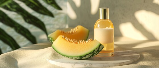 Juicy melons arranged on elegant marble surface