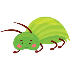 Cute Green Cartoon Beetle with Pink Cheeks and Antennae Crawling on Transparent Background