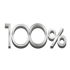 3D Rendered Silver Metallic Text "100%" - Chrome Percentage Symbol Isolated on White for Sales and Discount