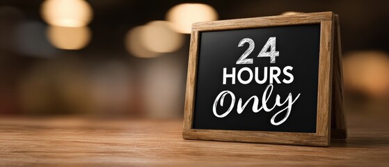 Wooden framed chalkboard sign displaying 24 Hours Only on a wooden table, promoting limited time offer and urgency in a blurred background Concept of sale, discount, and promotion