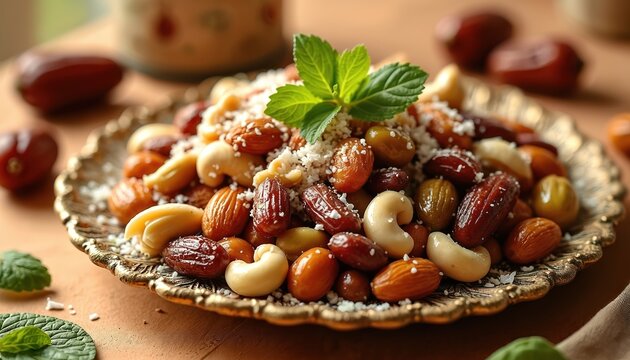 Nut mix with dates, coconut, sesame seeds, and mint on ornate platter. Healthy snack prepared with Rooh Afza syrup for festive occasions and celebrations. Delicious treat.