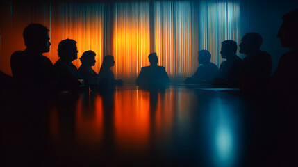 Silhouetted figures in a conference room with dramatic lighting and reflections on the table