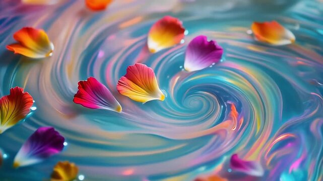 Colorful flower petals floating gracefully on shimmering liquid surface with vibrant swirling patterns