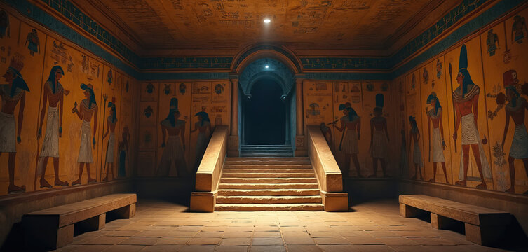 Ancient Egyptian tomb interior. Stone stairs lead to dark passage with hieroglyphic wall paintings. Benches line the chamber walls adorned with pharaoh figures and symbols. - Powered by Adobe