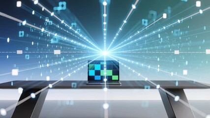 Digital transformation plan 2026 with ai technology laptop showing futuristic data flow network inspiring business innovation growth modern office - Powered by Adobe