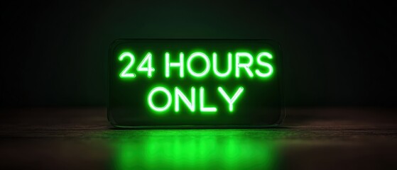 Glowing green neon sign displaying 24 Hours Only on dark background Concept of limited time offer, sale promotion, and urgency