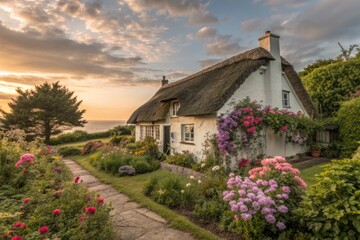Charming Thatched Cottage Surrounded by Vibrant Flowers at Sunset by the Sea