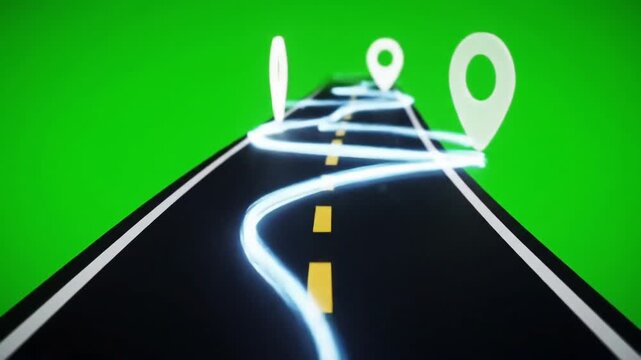Dynamic 3D animation of a winding road with glowing navigation lines and location pins symbolizing travel journey and GPS tracking on a vibrant green screen background for easy compositing.