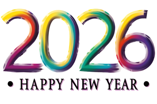 Colorful 2026 happy new year text with vibrant brush strokes isolated on transparent background