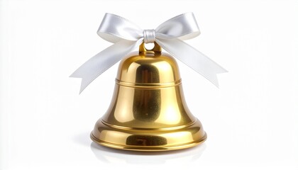 A shiny golden bell with a smooth reflective surface, topped with a white satin bow. Centered against a plain white background, evoking elegance and celebration.