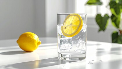 A clear glass of water with ice cubes and a lemon slice on the rim, placed beside a halved lemon on a white surface. Green leaves and soft sunlight shadows in the background create a fresh, summery at