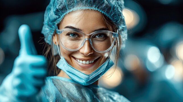 A female surgeon wearing a surgical cap, mask, glasses, and gloves smiles and gives a thumbs-up, indicating success or approval in a medical environment.