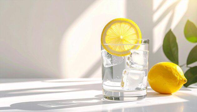 A clear glass of water with ice cubes and a lemon slice on the rim, placed beside a halved lemon on a white surface. Green leaves and soft sunlight shadows in the background create a fresh, summery at - Powered by Adobe