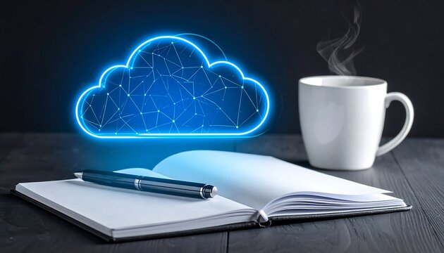 Cloud Computing Concept with Notebook and Coffee Cup on Desk.