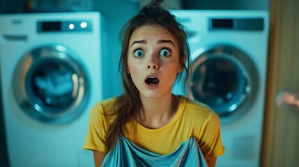 Surprised young lady sorting stained laundry