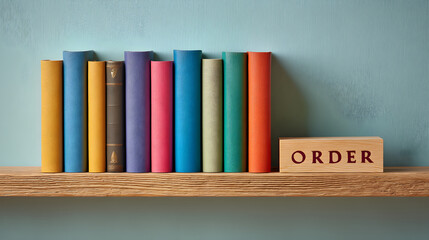 Naklejka premium Colorful books arranged neatly on a wooden shelf with an order sign for organization and decor