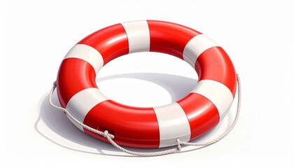 A red and white segmented life preserver ring with a rope around its edge, featuring the word "TRAVEL" and a small anchor emblem. Placed on a smooth light surface with a shadow cast to the side.