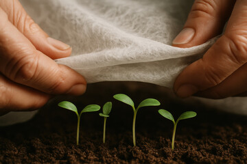 Nurturing New Beginnings: A close-up view of a pair of hands gently protecting small green plants sprouting from the earth, symbolizing growth, care, and the nurturing aspect of life.
