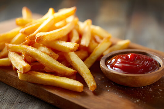 French fries on a wooden board with sauce