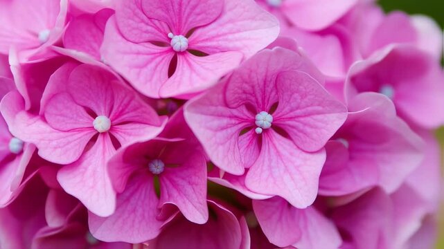 Close-up captures a vibrant pink cluster of hydrangea flowers, showcasing intricate details and textures